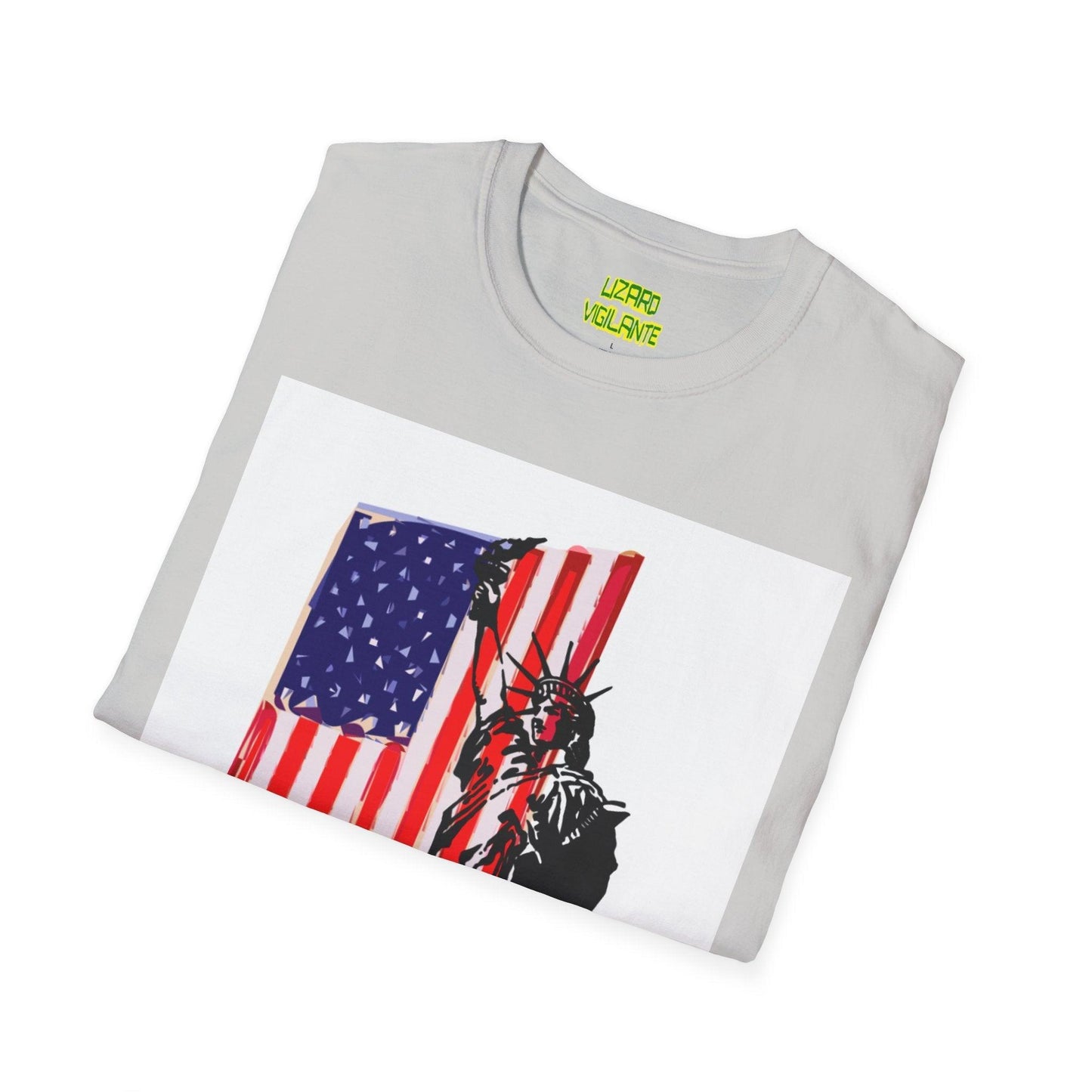 American Flag With Statue of Liberty Graphic Unisex Softstyle T-Shirt - Lizard Vigilante