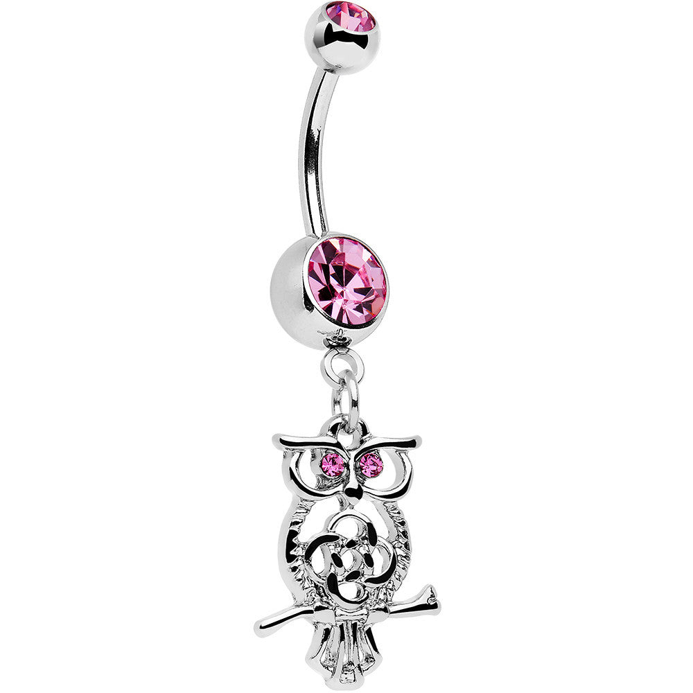 Pink Gem Celtic Knot Perched Owl Dangle Belly Ring