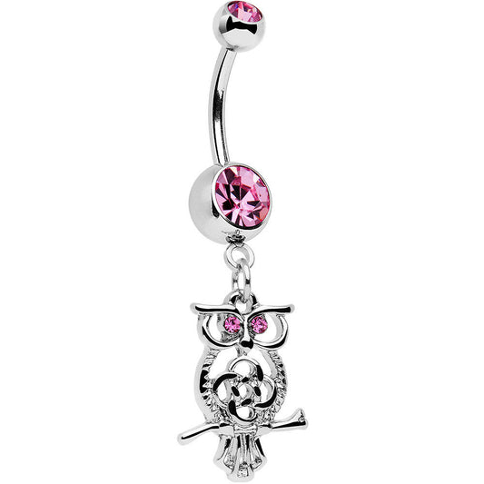 Pink Gem Celtic Knot Perched Owl Dangle Belly Ring