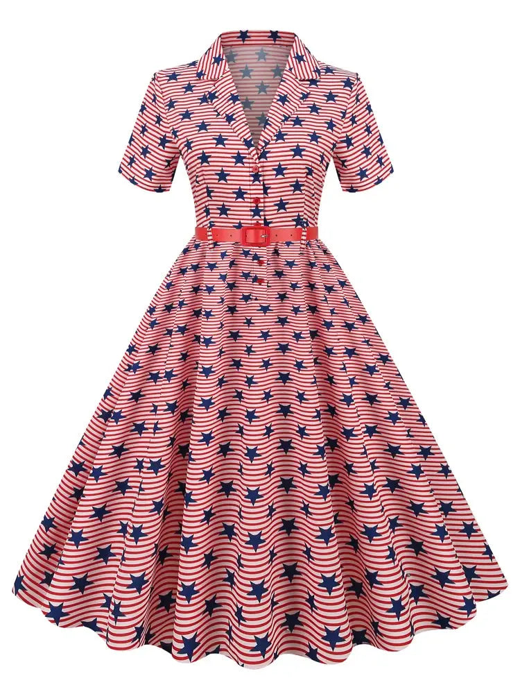 2024 Election American Flag Collar Button Up Star Print Women Short Sleeve Belted 50s 60s Pinup A-Line Vintage Dresses - Premium dresses from Lizard Vigilante - Just $31.99! Shop now at Lizard Vigilante