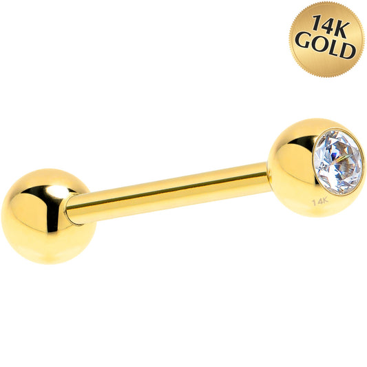 Solid 14k Yellow Gold CZ Solitaire Barbell Tongue Ring 14G 5/8