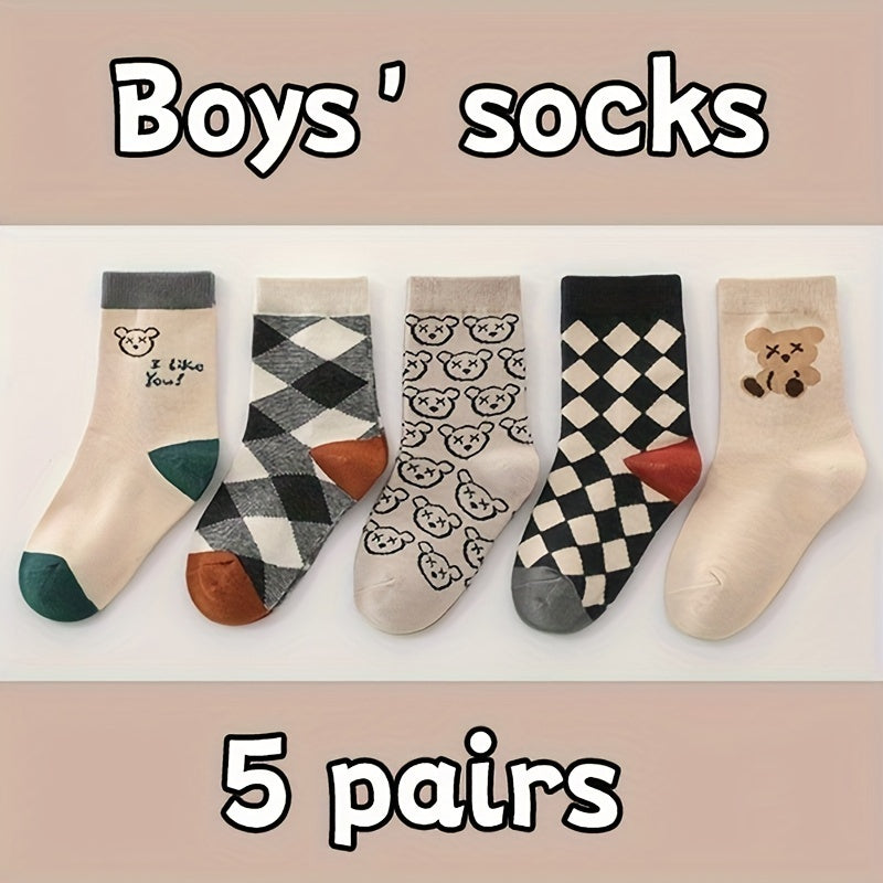 5 Pairs of Vibrant Cartoon Checkered Crew Socks for Boys - Calf Socks with Breathable, Comfy, Casual Style for Unisex Kids, Perfect for Outdoor Play All Seasons, Soft, Gentle, and Durable
