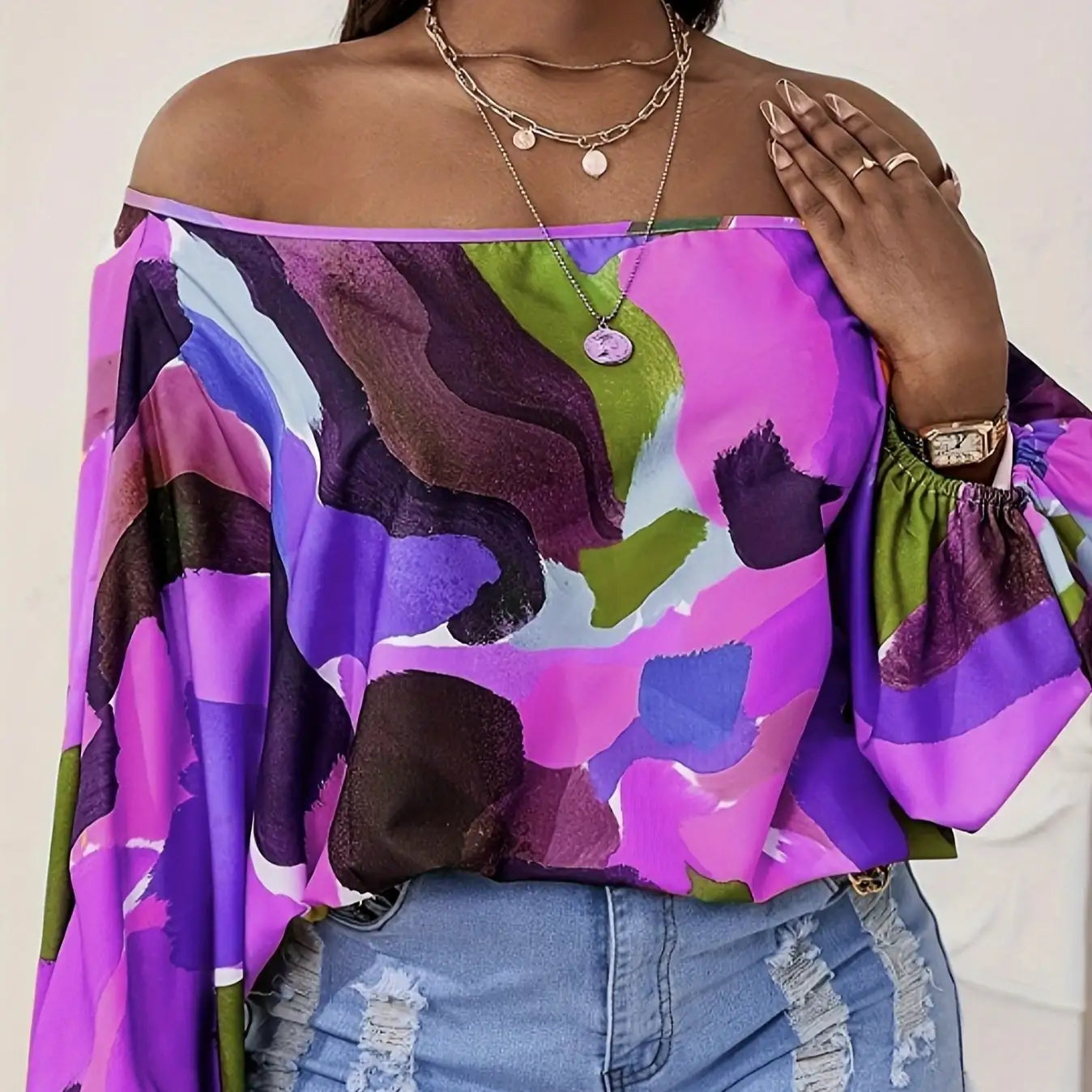 Ladies' Fashionable And Casual Off Shoulder Printed Lantern Sleeves, Loose And Comfortable Versatile T-shirt Top