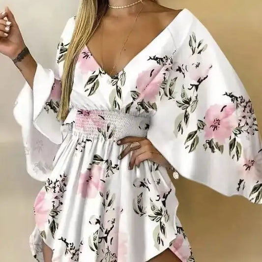 Ladies' Floral Print Waist With Ruffled Edges, Big V-neck, Sexy Asymmetrical Hem, Elegant Seaside Vacation Style Short Dress