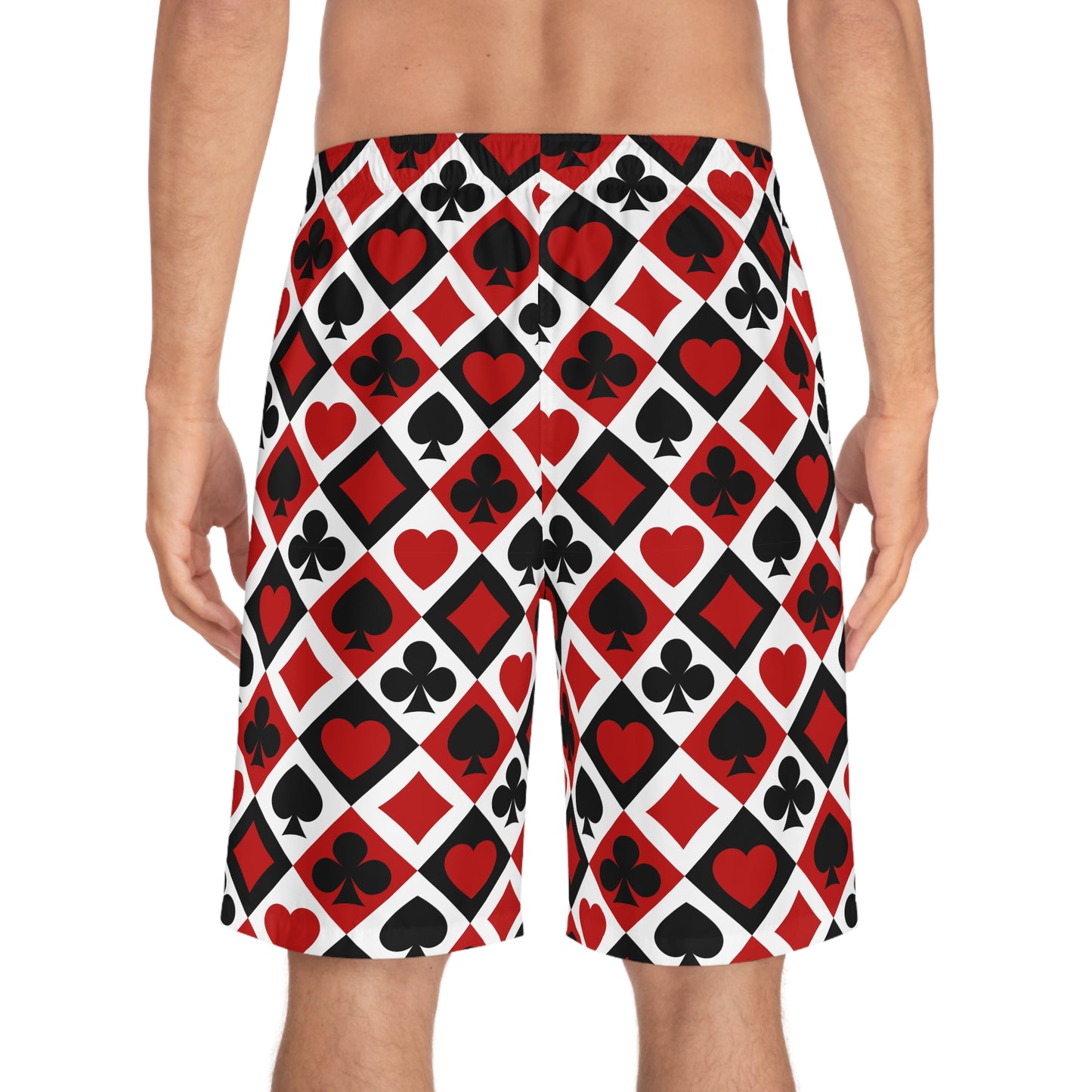 Card Suits Pattern Board Shorts — Red & Black Hearts, Clubs, Diamonds, Spades Swim Trunks