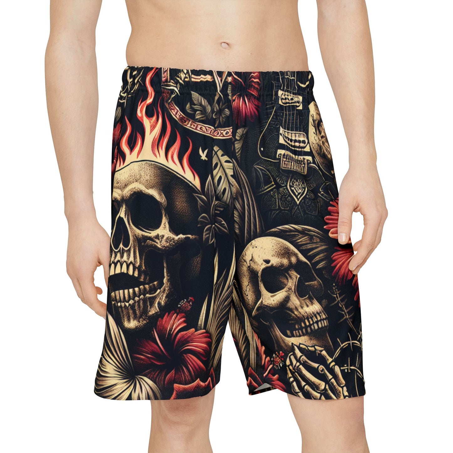 Skull Floral Sports Shorts for Men, Cool Summer Wear, Beach Shorts, Festival Outfit, Activewear Bottoms, Gothic Style