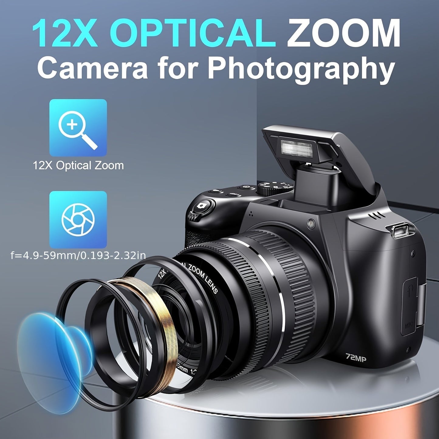 Cameras for Photography, 12X Optical Zoom 4K Digital Camera, 72MP Vlogging Camera with 270° Flip Screen, Battery, Battery Charger, 64GB SD Card, Card Reader