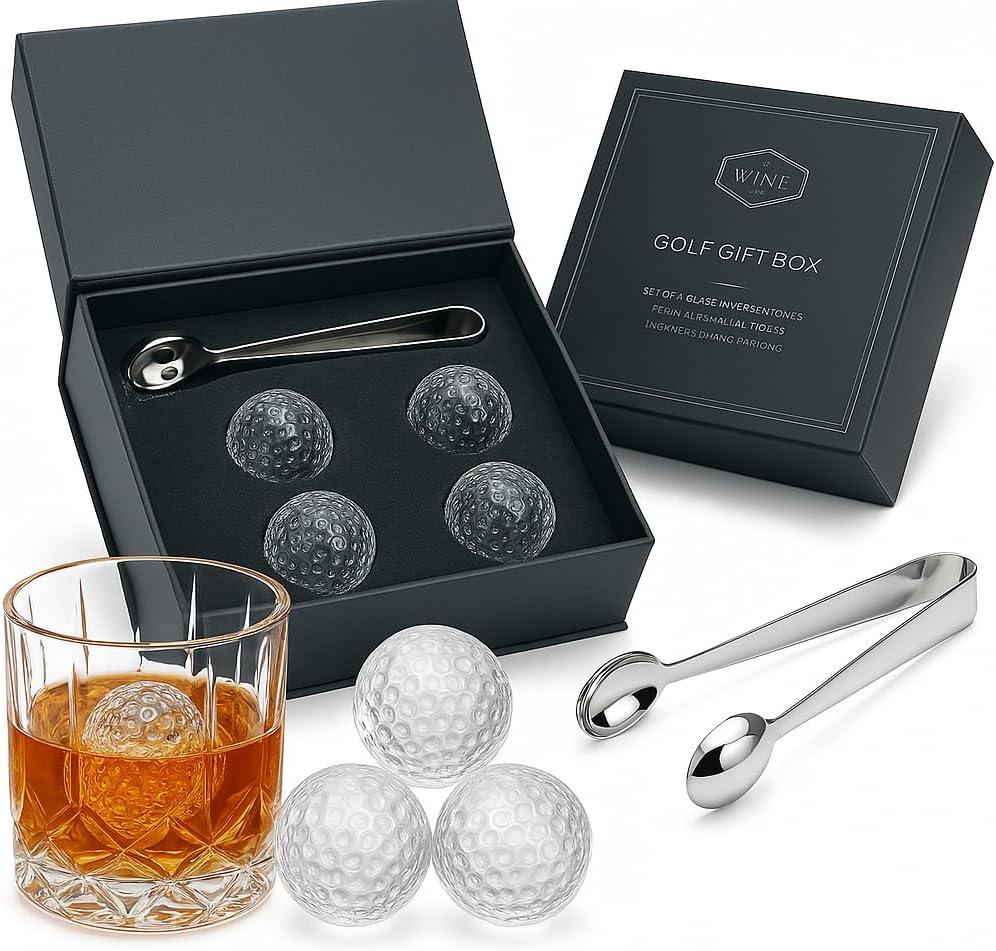 Golf Ball Whiskey Coolers - Pack of 5 - Men's Gift Set; Golfer's Whiskey Chill Stones, Reusable Cooling Balls; Includes 4 Chilling Stones - Ideal Golf-Themed Gift for Men + Metallic Tongs & Gift Box