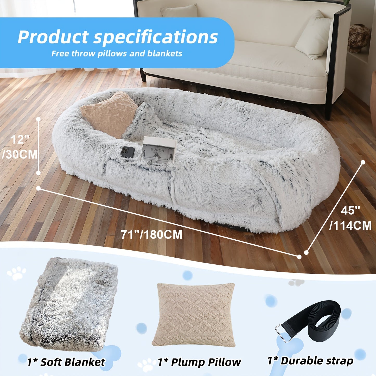 Orthopedic Human Dog Bed 71"x45"x12" Oval Washable Faux Fur Pet Bed with Plump Pillow, Blanket & Strap - Non-Slip Spa Design for All Dog Sizes, Grey, Cozy Nap Spot, Cozy Aesthetic, Durable Polyester, Home Lounging