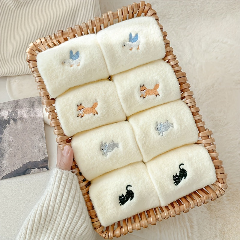 4pcs Cozy Fleece-Lined Women's Socks - Cute Animal Embroidery, Thick & Warm Mid-Calf Winter Home Socks