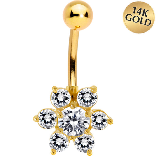 16G Solid 14K Yellow Gold CZ Flower Belly Ring