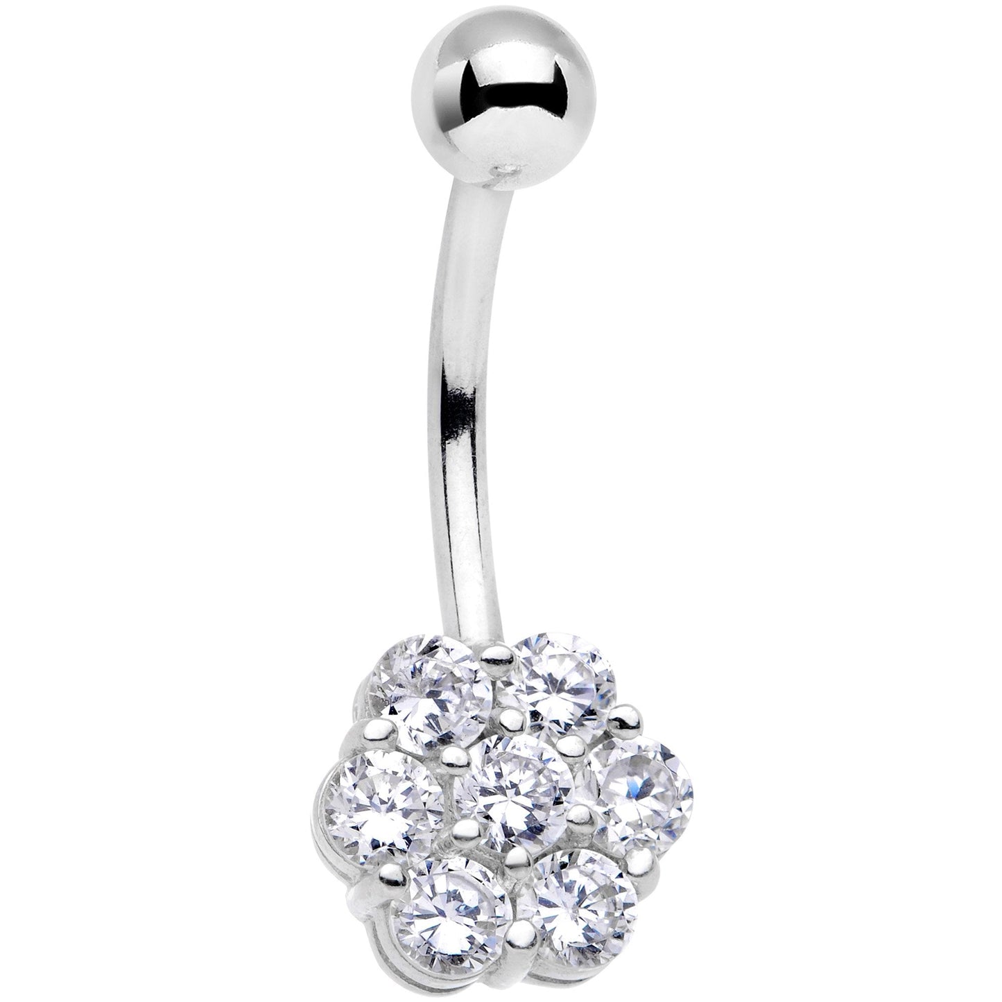 Solid 14k White Gold Gem Flower Belly Ring-16G