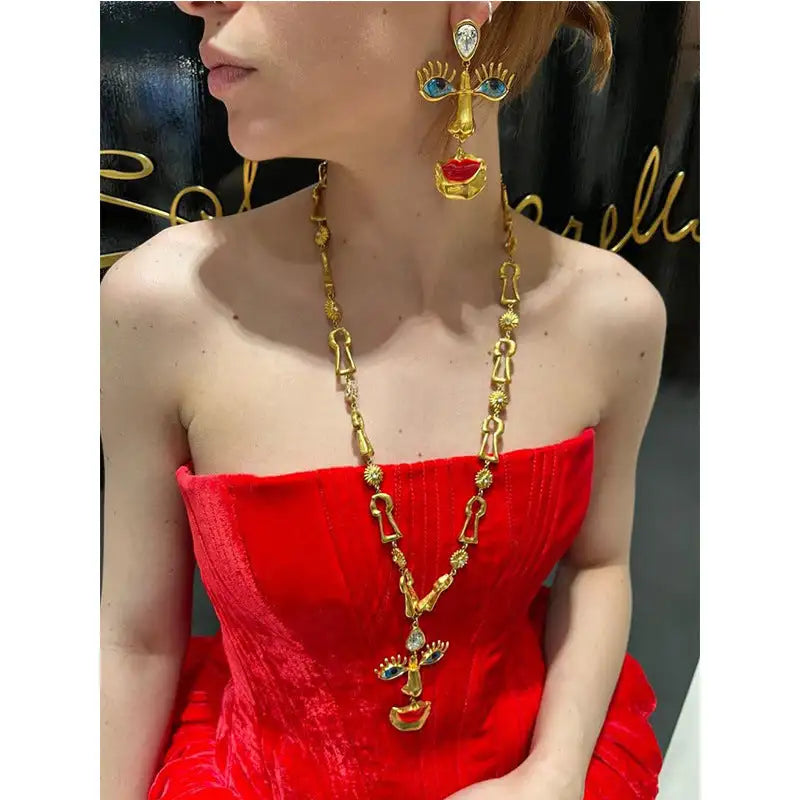 Minority Design Vintage Red Lip Nose Eye Pendant Necklace