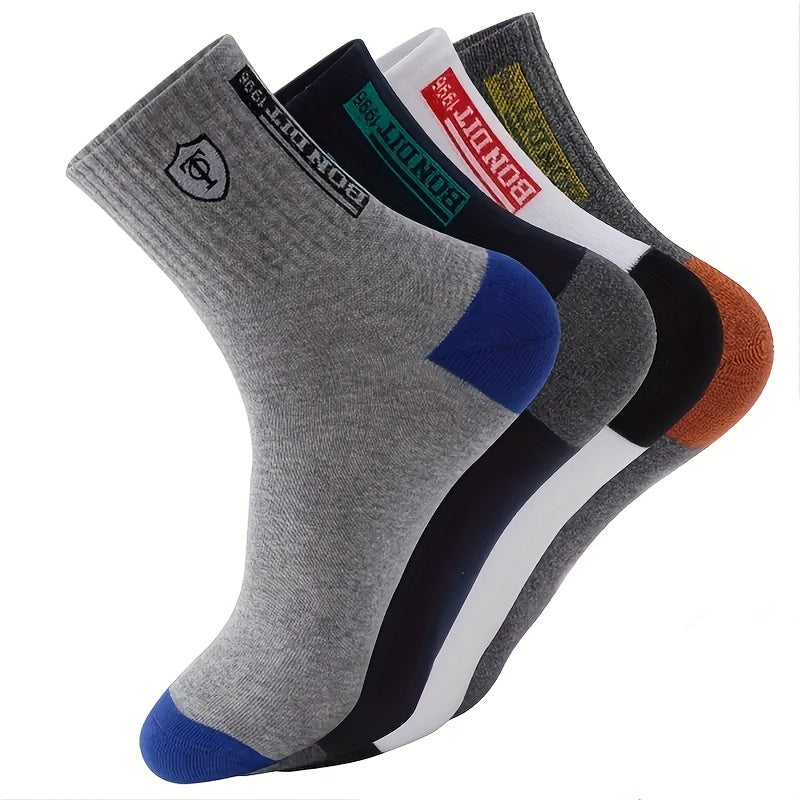 5 Pairs Men'S Athletic Crew Socks, Moisture-Wicking Knit Fabric, Solid Color, Polyester 75%, Spandex 25%, with Embroidered Badge, for Hand Wash Only, Sweat-Resistant