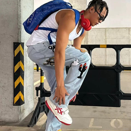 Light Color Irregular Towel Embroidered Slim Straight-leg Denim Trousers