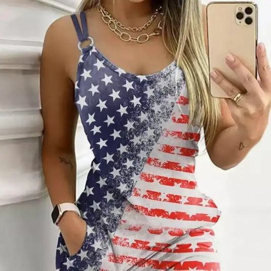 Ladies' V-neck American Flag Star Striped Pocket Shoulder Strap Mini Dress, Independence Day Dress