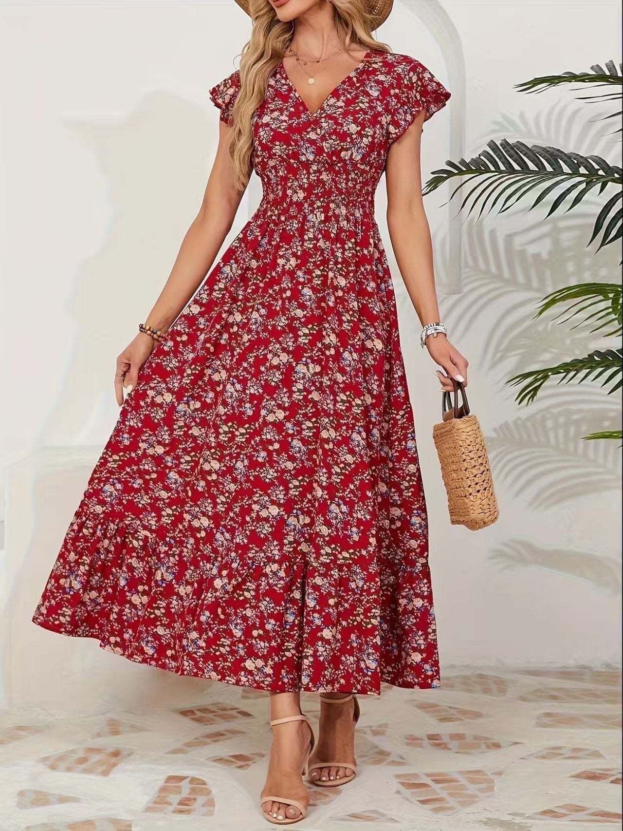Fashion Floral Long Sleeve Waist Swing Dress