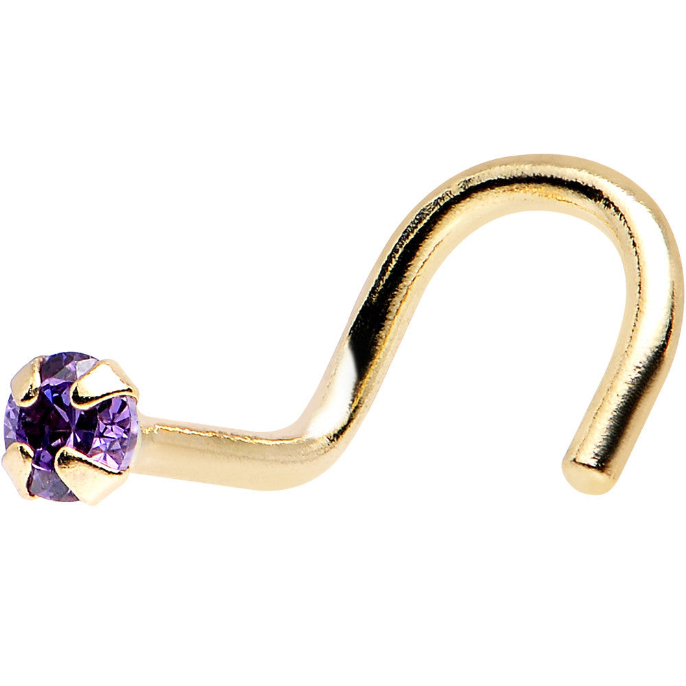 Solid 14k Yellow Gold 2mm Amethyst Cubic Zirconia Solitaire Nose Ring