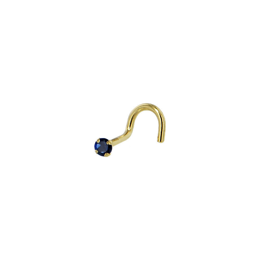 Solid 14K Yellow Gold 2mm Blue Cubic Zirconia SOLITAIRE Nose Ring