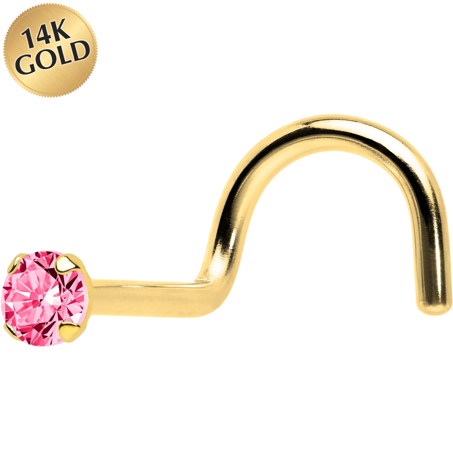 Solid 14K Yellow Gold 2mm Pink Cubic Zirconia Solitiare Nose Ring