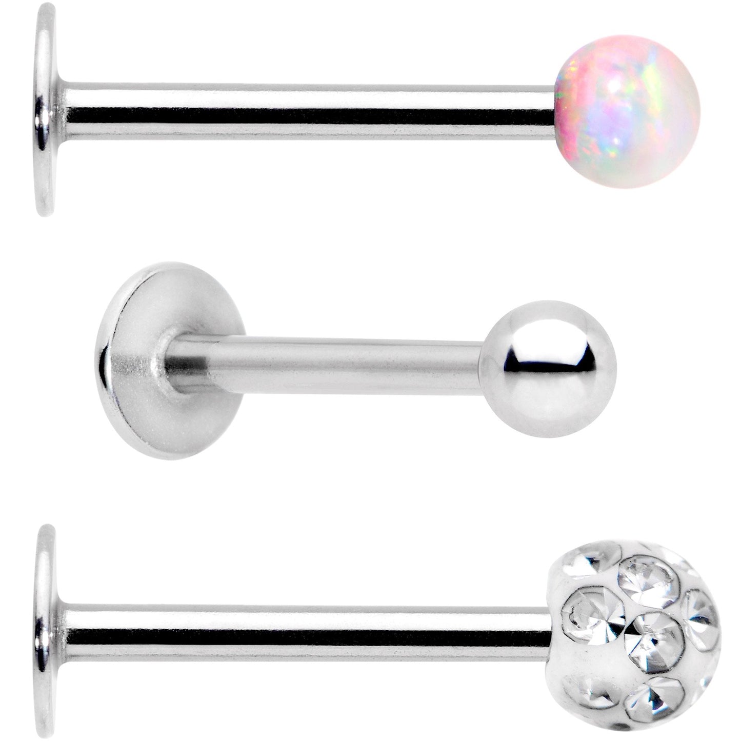 16G 3/8 White Faux Opal Ball Labret Monroe Tragus 3 Pack Set