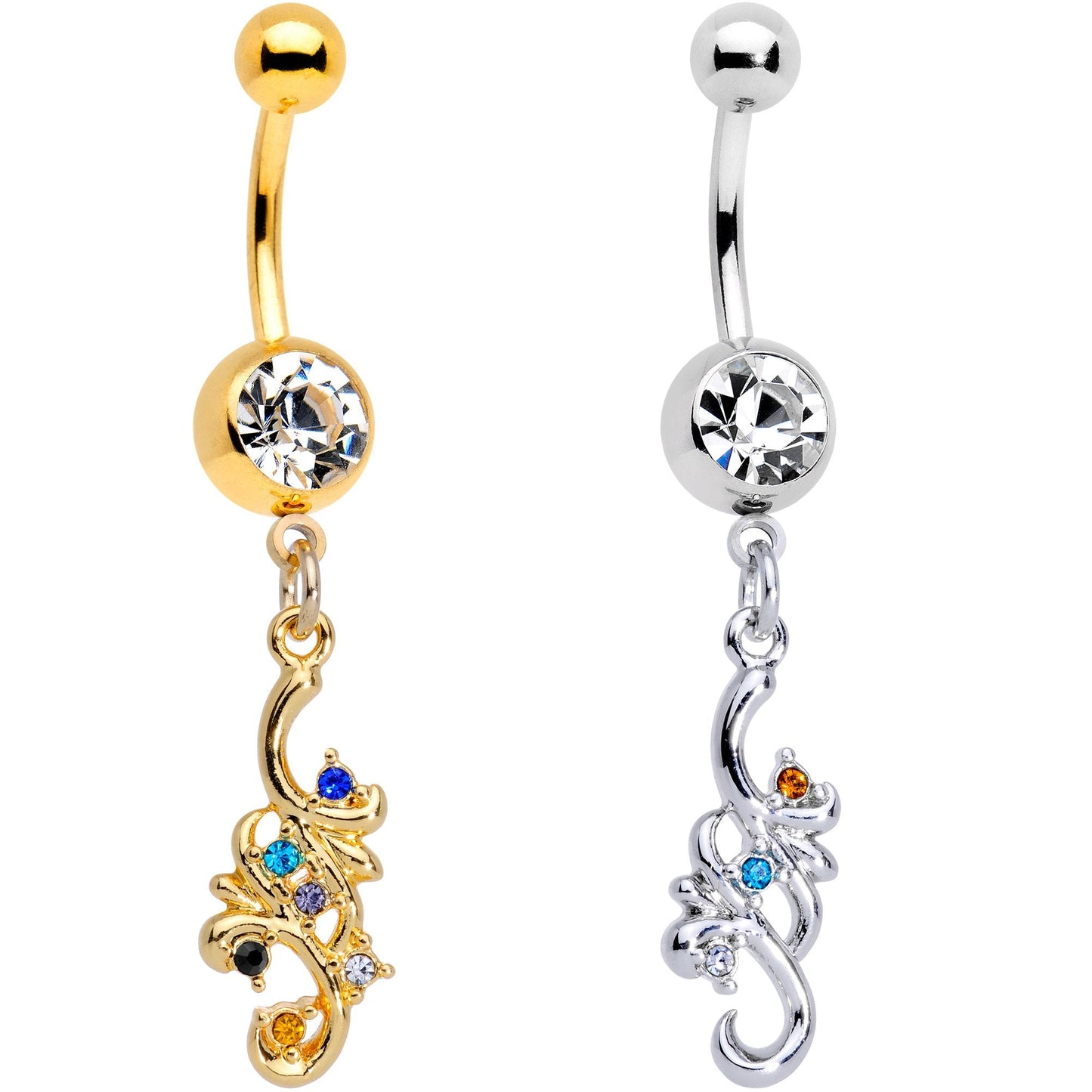Clear Gem Gold PVD Filigree Flow Best Friend Dangle Belly Ring Set of 2