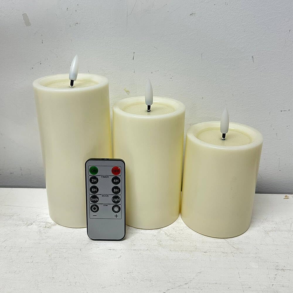 JHY DESIGN Flickering Flameless Candles Battery Operated with 10-Key Remote & 2/4/6/8-Hour Timer, Real Wax Pillar Grease Effect LED Candles Set for Chrismas/Home Decorations(Ivory)