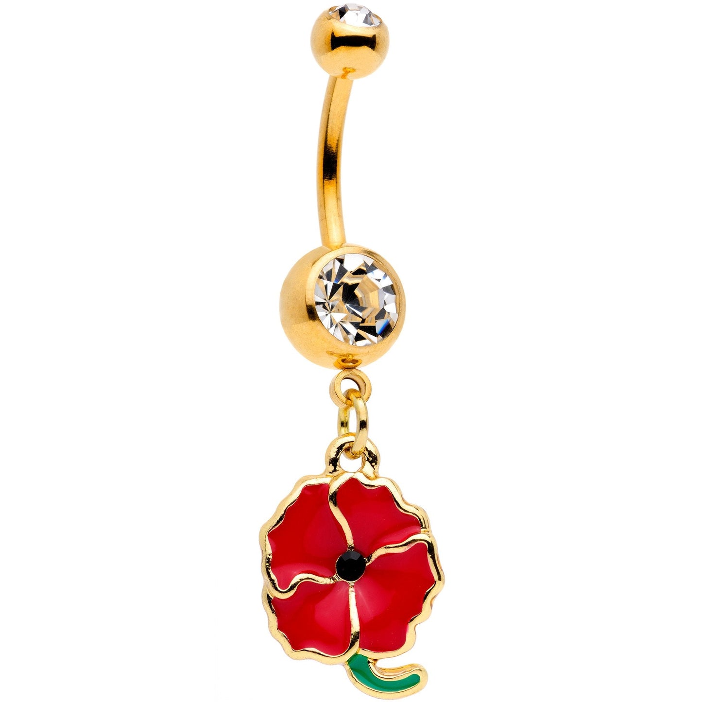 Clear Gem Gold Tone Powerful Poppy Flower Dangle Belly Ring