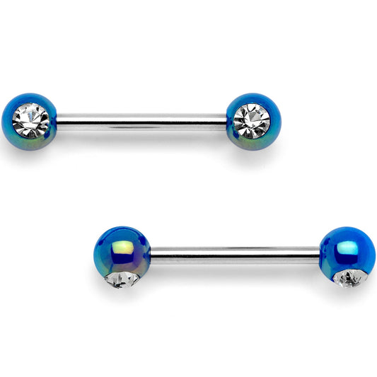 9/16 Clear Gem Blue Pearlescent Acrylic Barbell Nipple Ring Set