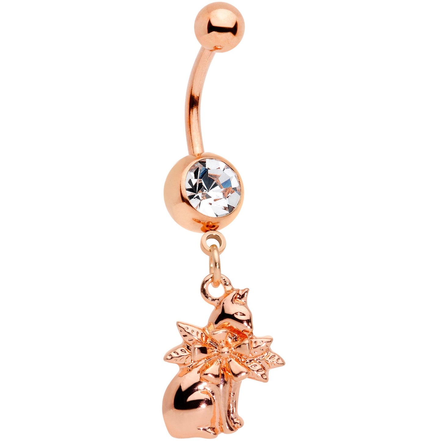 Clear Gem Rose Gold Tone Kitty Cat With A Corsage Dangle Belly Ring