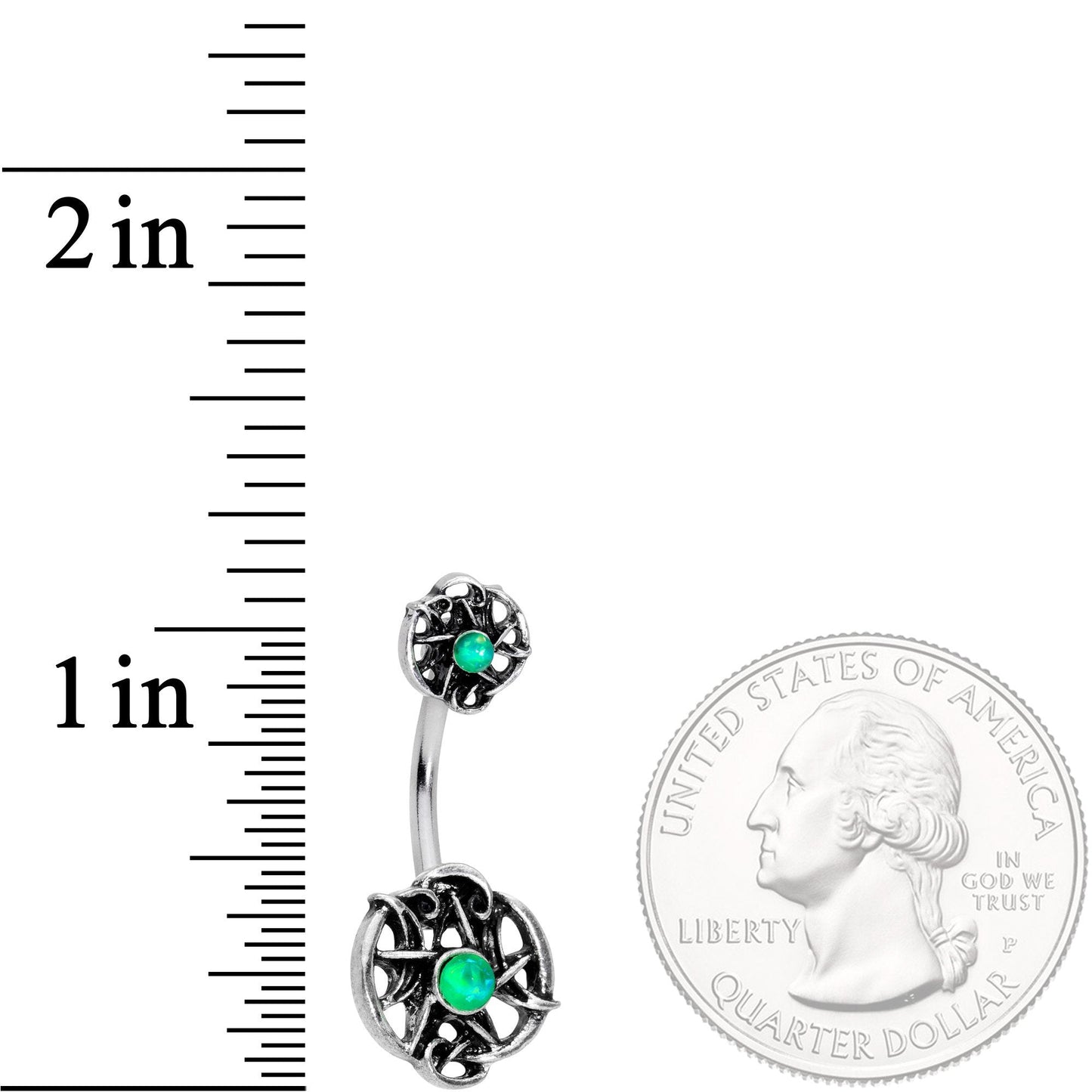 Green Synthetic Opal Moon Pentagram Double Mount Belly Ring