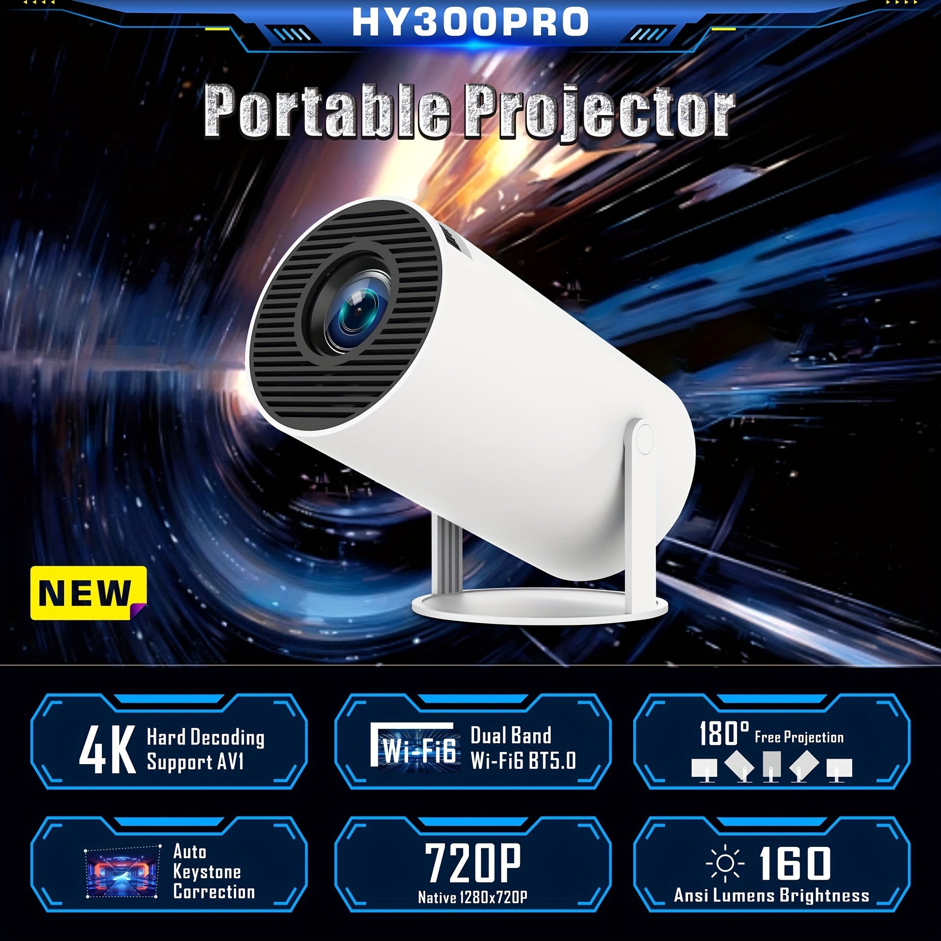 HY300 Pro Mini Portable Projector, 4K/260 ANSI Smart Projector With WiFi 6 BT 5.0, Screen Adjustment, 180 Degree Rotation, Home Video Projector Built-in Android 11.0 OS - Premium  from Lizard Vigilante - Just $68.99! Shop now at Lizard Vigilante