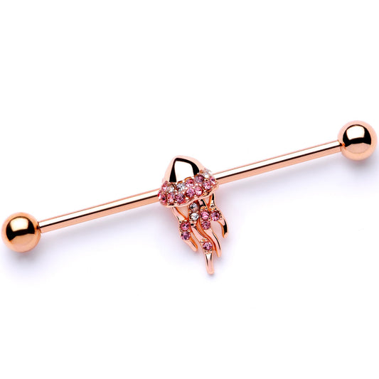 14G Clear CZ Gem Rose Gold Tone Jellyfish Industrial Barbell 38mm
