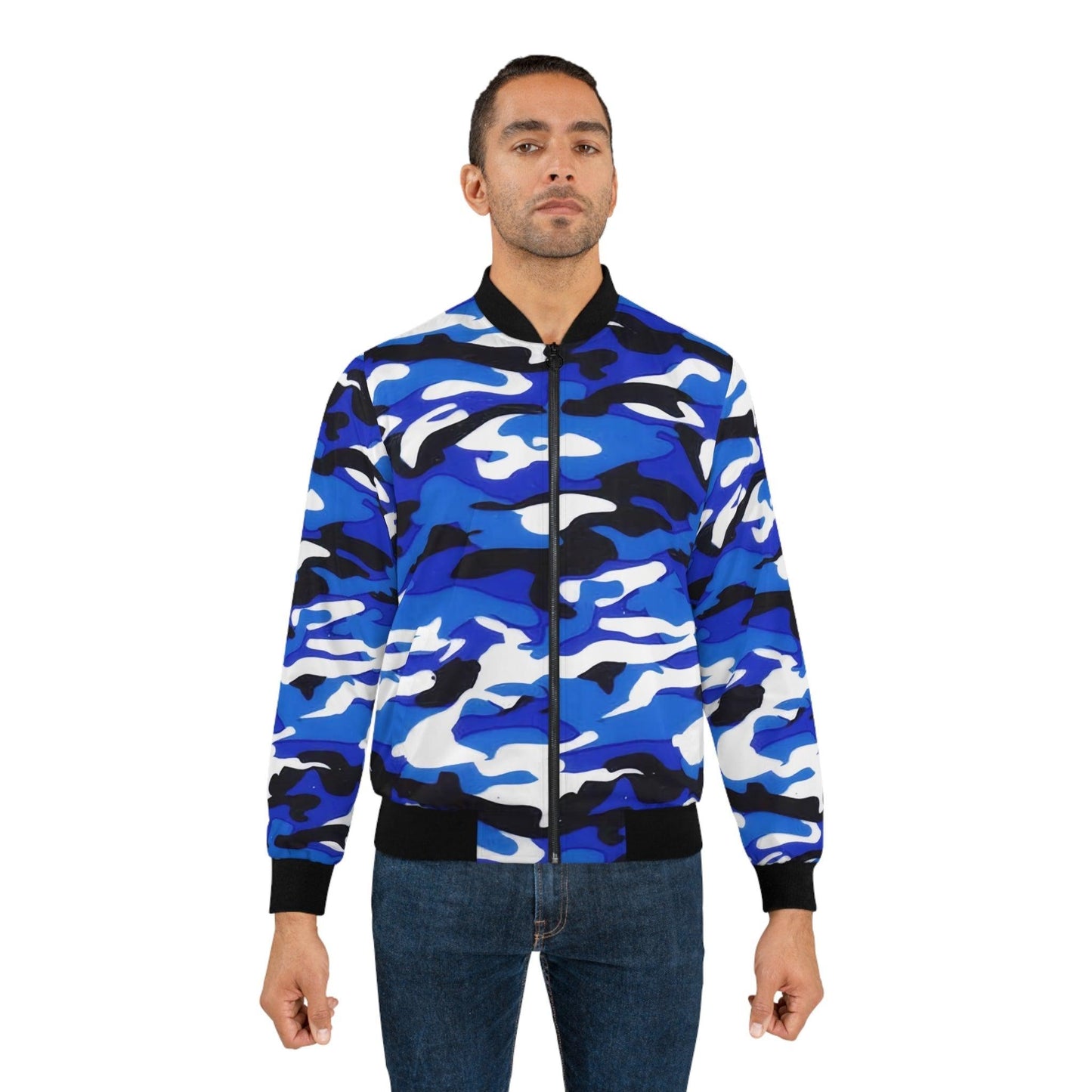 Blue, Black, Gray, White Camo Men's Bomber Jacket - Lizard Vigilante