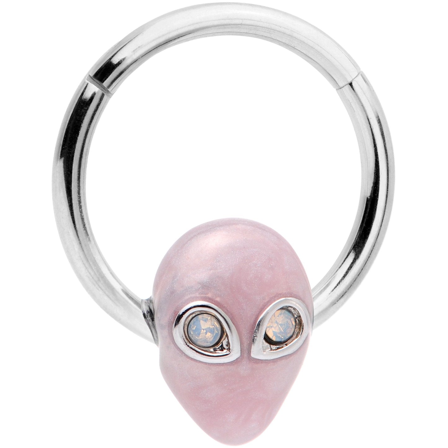 16G 3/8 White Faux Opal Pink Invader Alien Hinged Segment Ring