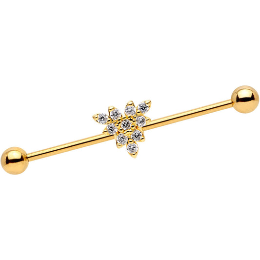 14G Clear CZ Gold Tone Triangle Industrial Barbell 38mm