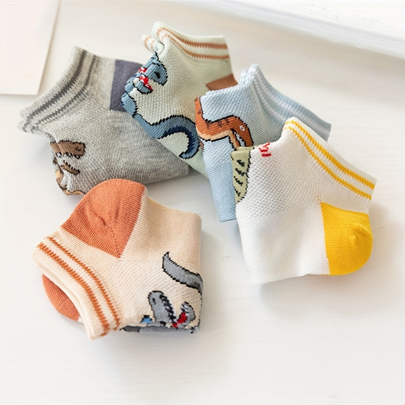 5 Pairs Of Boy's Trendy Dinosaur Pattern No Show Socks, Comfy Breathable Casual Soft Socks For Kid's Outdoor Activities
