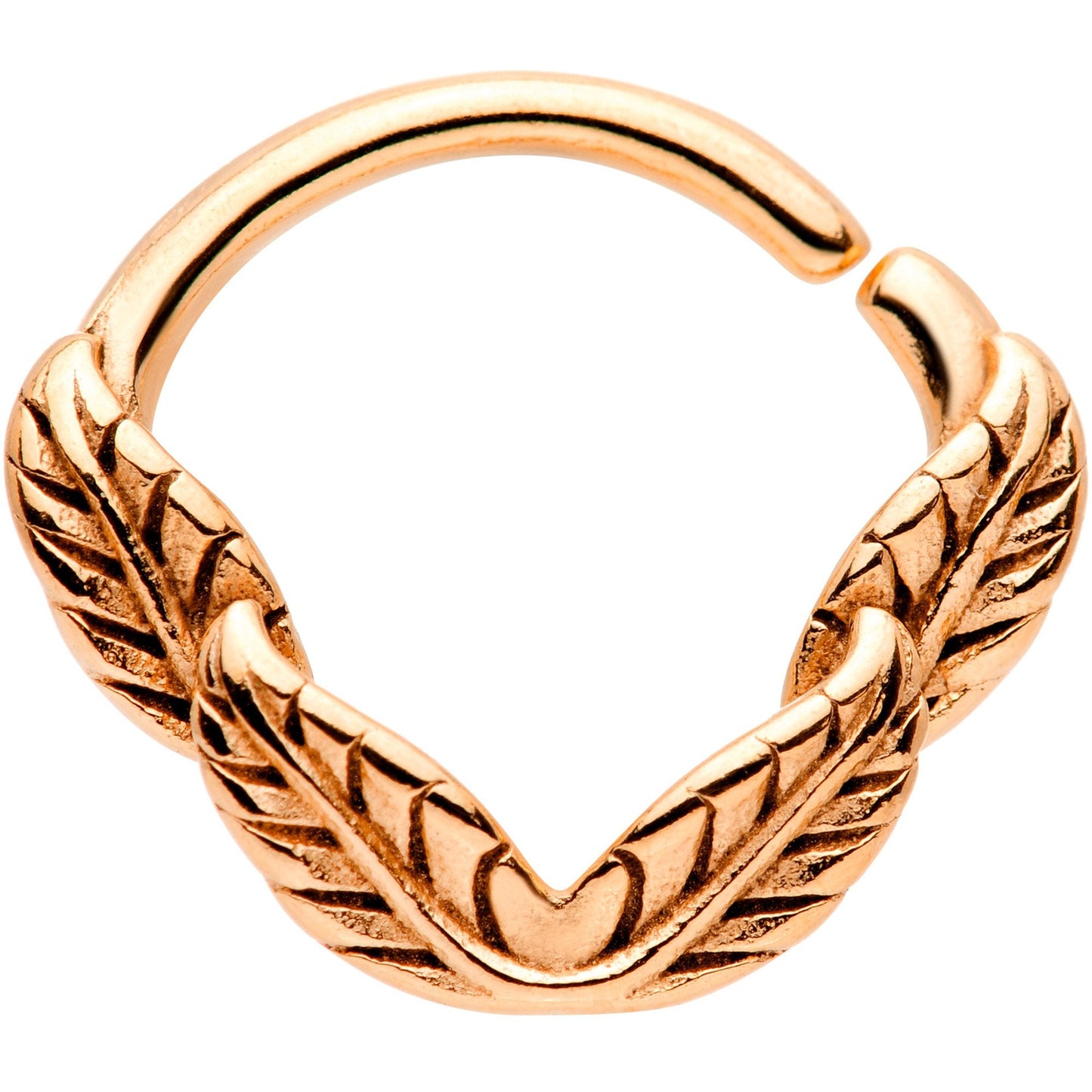16G 3/8 Rose Gold Tone Ring of Feathers Closure Ring