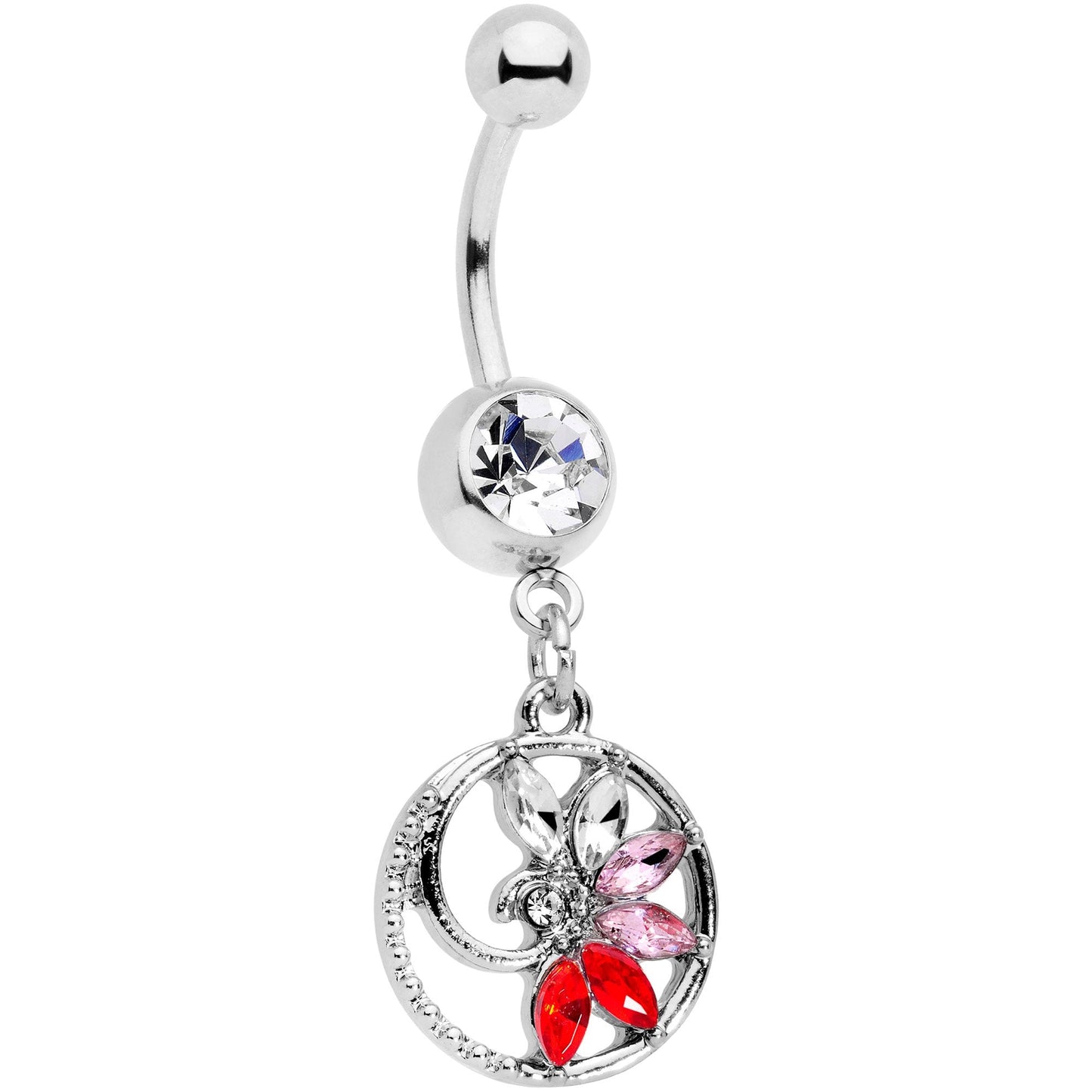 Red Clear Gem Tropical Flower Swirl Dangle Belly Ring