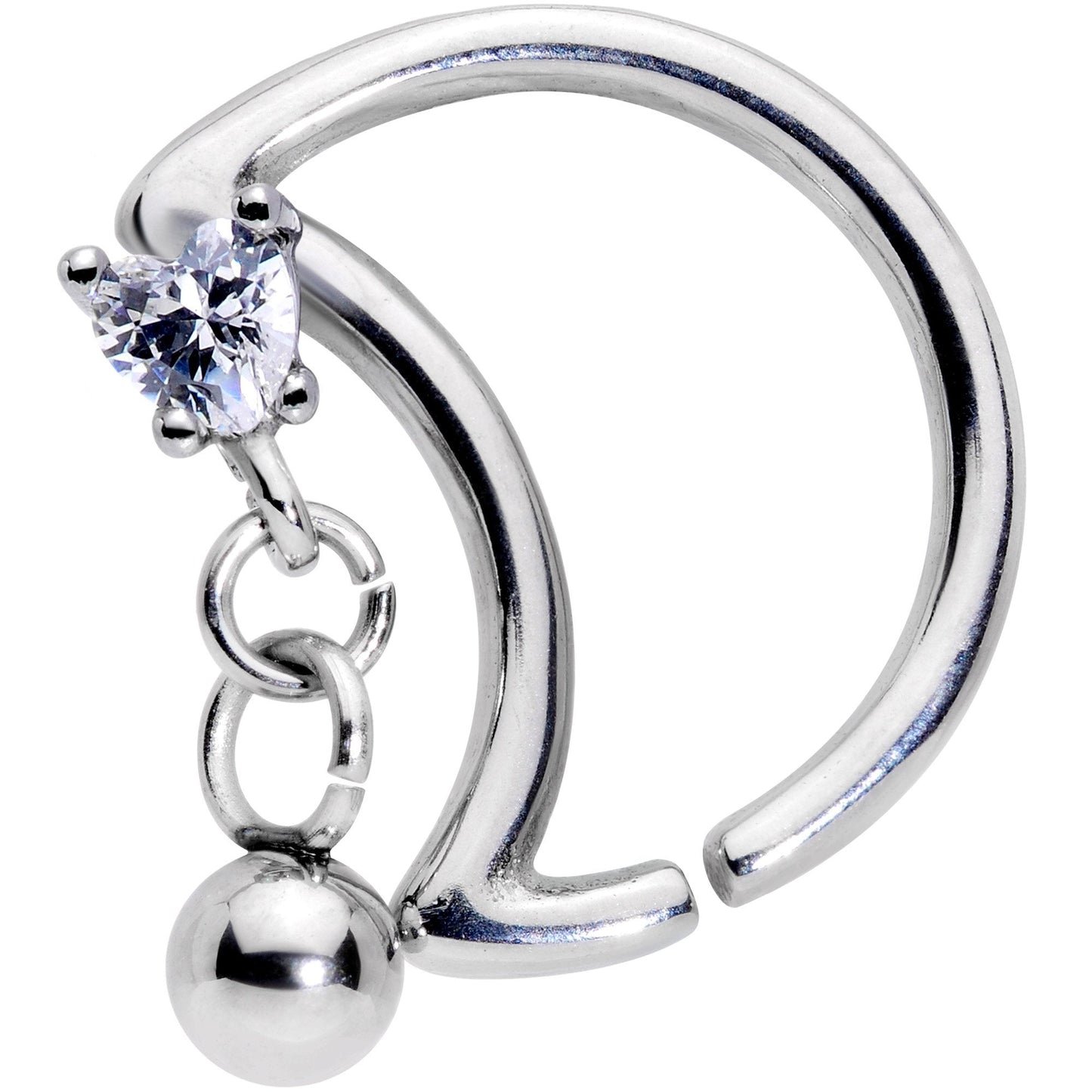 16G 3/8 Clear CZ Gem Crescent Moon Heart Dangle Closure Ring