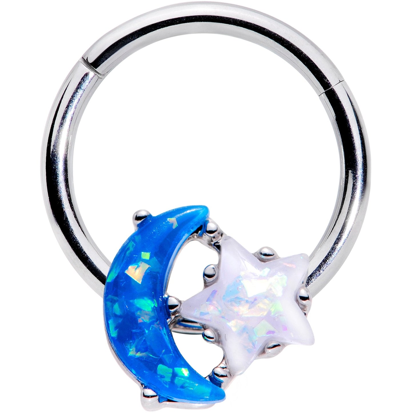 16G 3/8 Blue White Faux Opal Starry Moon Hinged Segment Ring