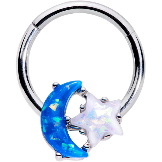 16G 3/8 Blue White Faux Opal Starry Moon Hinged Segment Ring