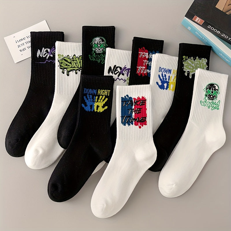 3/6/8/10/12 Pairs Of Medium Length Socks With Graffiti And Spray Painting For Personalized Fashion, Comfort, And Durability