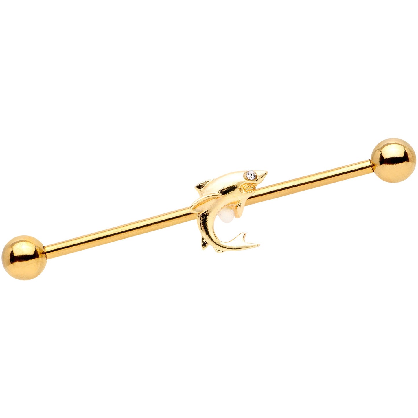 14G Clear Gem Gold Tone Toothy Shark Industrial Barbell 38mm