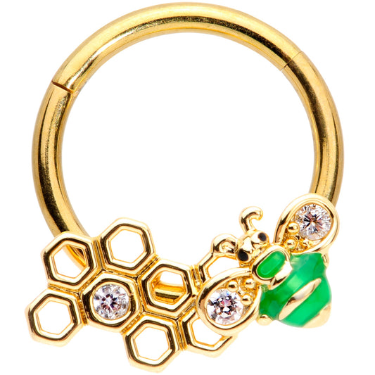 16G 3/8 Clear Gem Gold Tone Green Bee Hinged Segment Ring