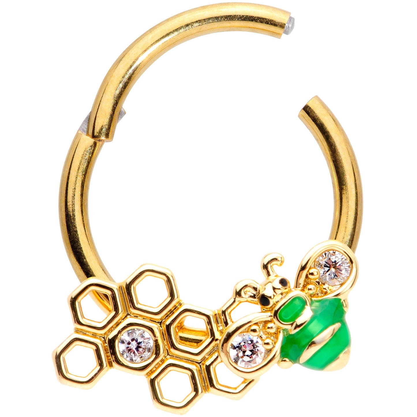 16G 3/8 Clear Gem Gold Tone Green Bee Hinged Segment Ring