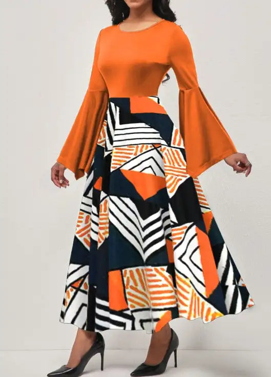 Ladies' Round Neck Printed Irregular Cuff Design Fashionable Dress