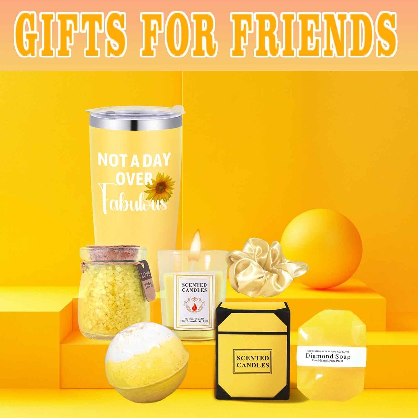 8pcs "Not A Day Over Fabulous" Yellow Spa & Bath Gift Set - Includes Insulated Travel Mug with Lid, Scented Candle, Bath Bomb, Diamond Soap, Love Note Card & Elegant Gift Box - Ideal for Women, Men, Friends on Christmas, Than