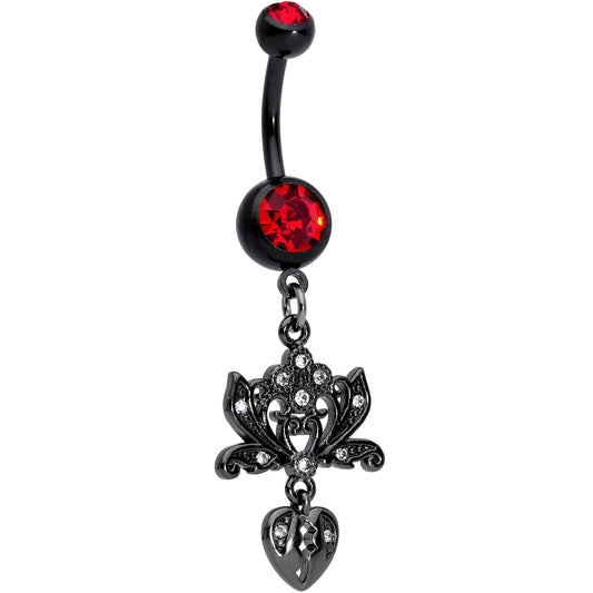 Red Clear Gem Black Lotus Flower Heart Dangle Belly Ring