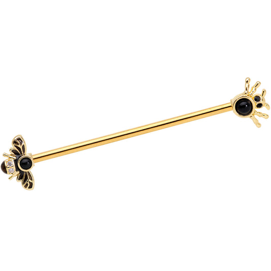 14G Clear Black Gem Gold Tone Bug Out Bee Insect Industrial Barbell 38mm